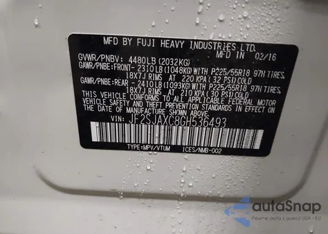 2016 Subaru Forester 2.5I Touring from USA, damaged, VIN JF2SJAXC8GH536493